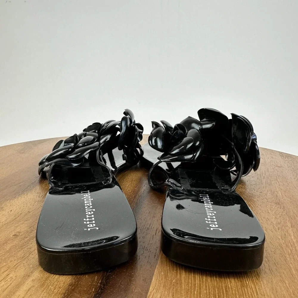 New Womens Jeffrey Campbell Floralee Black Matte Jelly Flip Flops Sandal Size 10